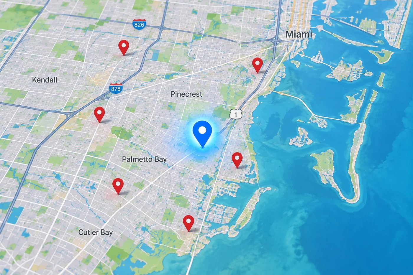 Satellite map of South Miami-Dade with business location pins near Palmetto Bay and Cutler Bay
