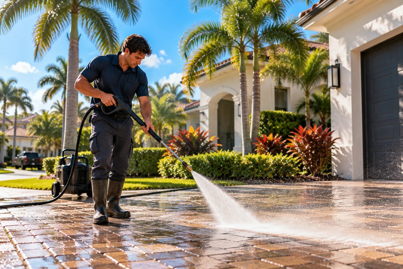 Local tradesperson pressure washing a driveway